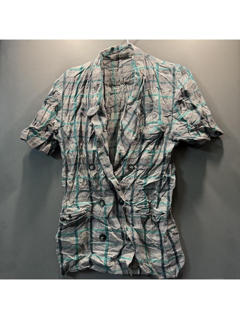 1980s For Pete’s Sake Teal Gray Black Plaid Button Up Shirt